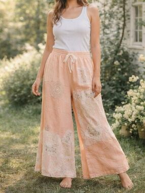 POL Patchwork Wide Leg Pants Boho Cottagecore Peach Lace Crochet Size Large